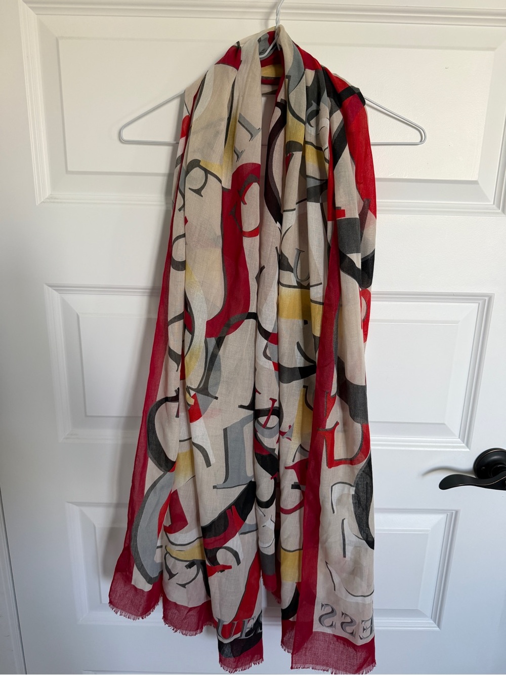 Guess Letter Print Lightweight Scarf in Red, Black, Gray, Yellow on Cream
